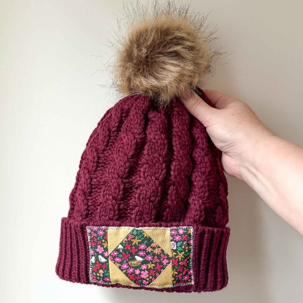 Chunky Burgundy Knit Toque with Custom Quilt Block & Sherpa Fleece Lining